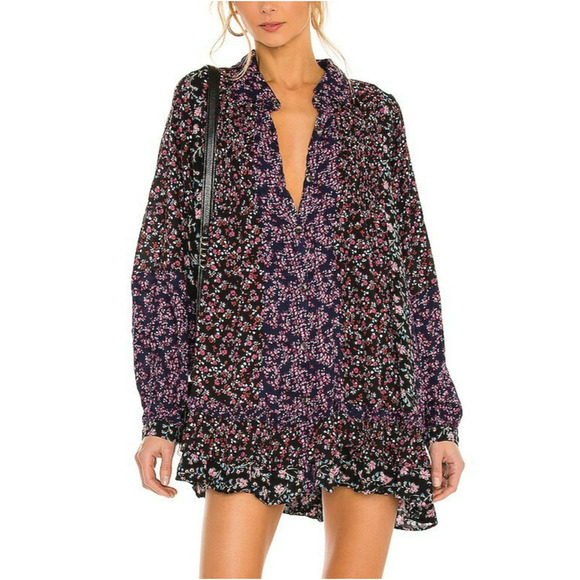 Free People Floral Swing Tunic Mini Dress Size Small Pleated Tiered Ruffle Boho - Picture 1 of 13